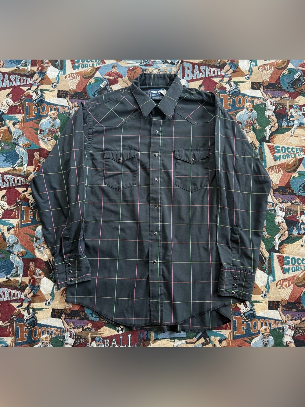 Vintage 90s Mens Wrangler Western Brushopper Black & Neon Pear Snap Shirt
